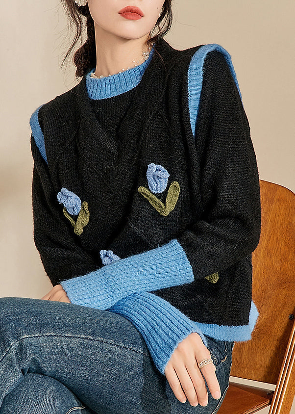 Blue O-neck Patchwork Cotton Knit Sweaters Spring