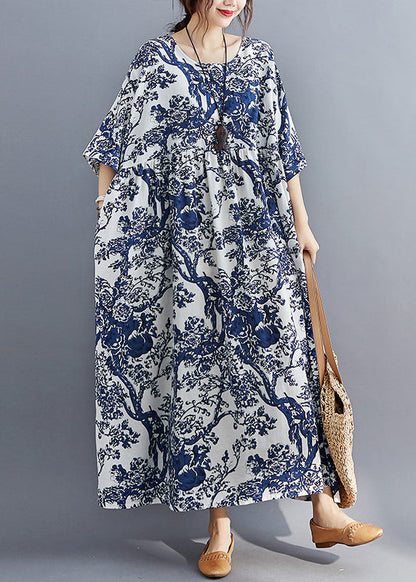 Blue O-neck Print Patchwork Wrinkled Maxi Dresses Summer