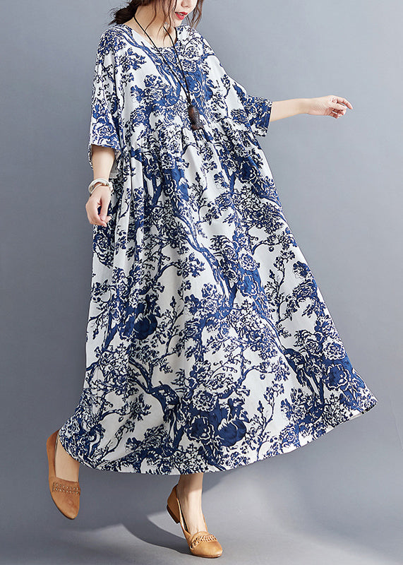 Blue O-neck Print Patchwork Wrinkled Maxi Dresses Summer