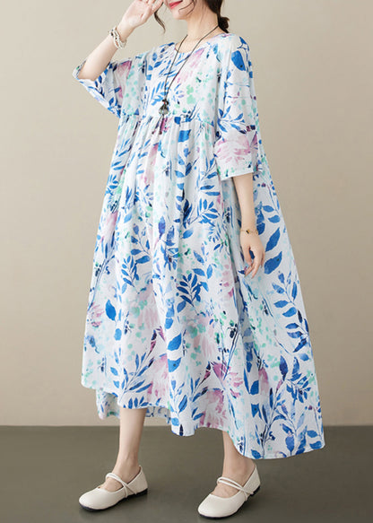 Blue O Neck Print Cotton Dress Summer