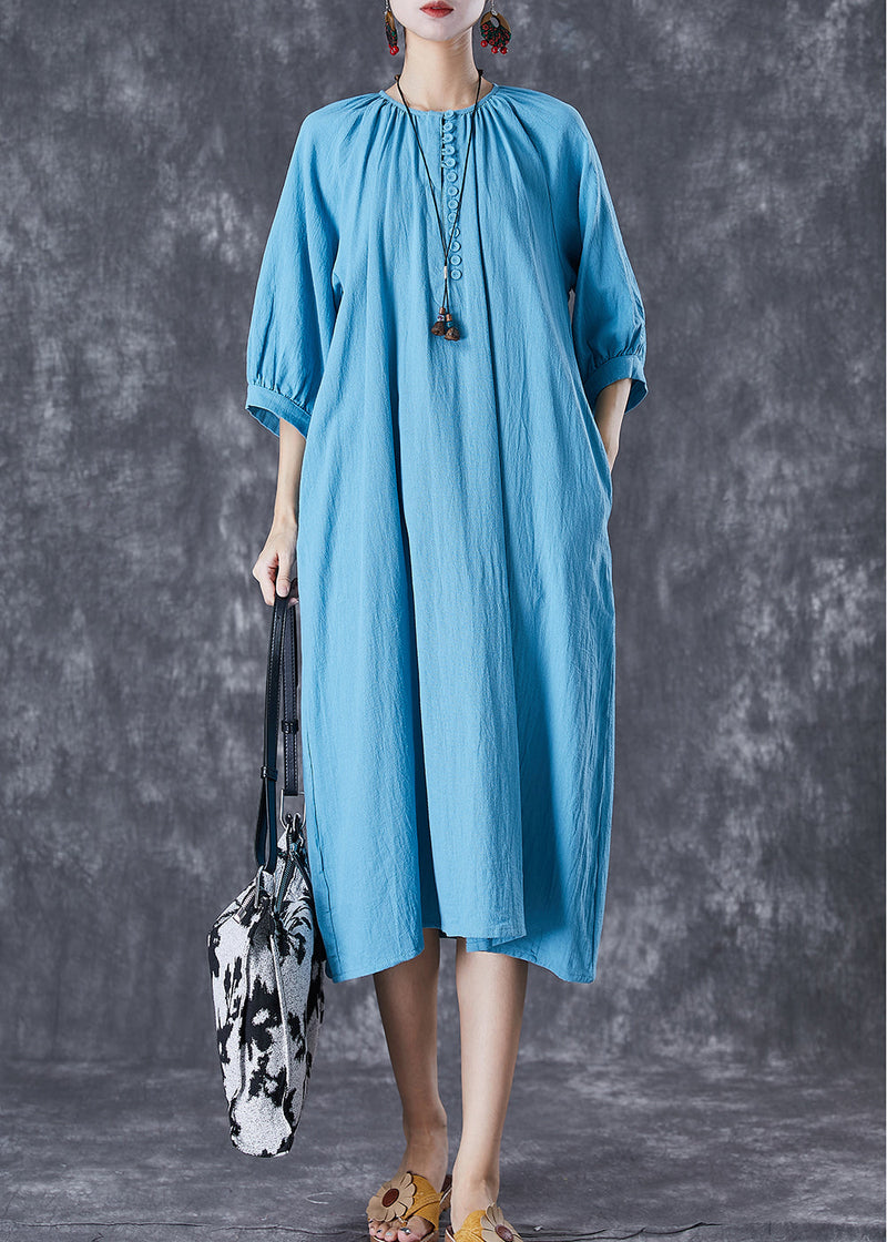 Blue Oversized Button Down Linen Long Dress Bracelet Sleeve