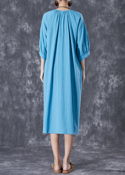 Blue Oversized Button Down Linen Long Dress Bracelet Sleeve