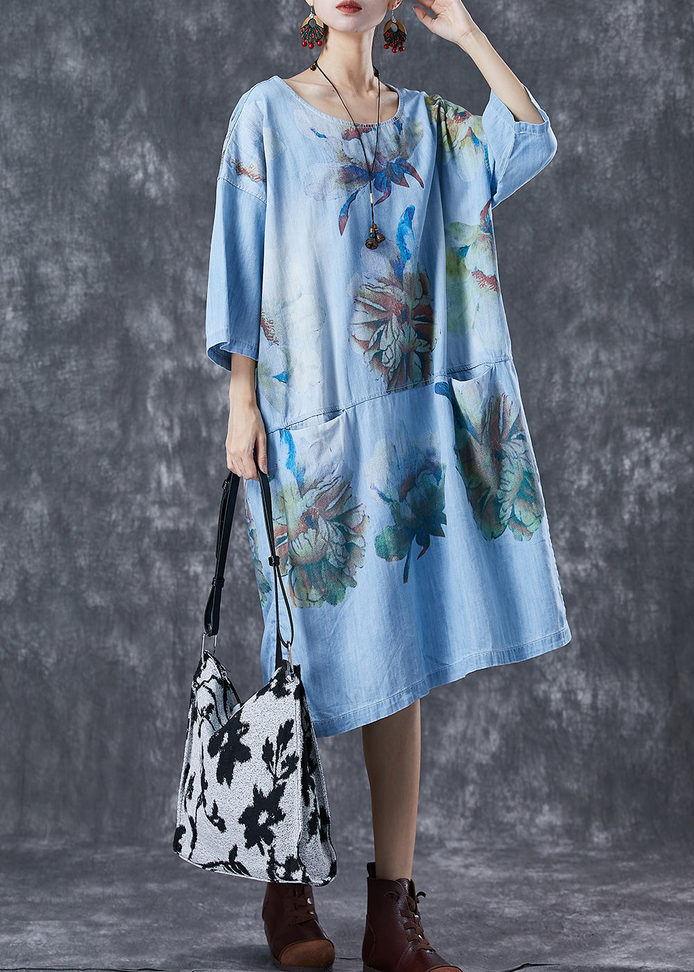 Blue Oversized Patchwork Pockets Denim Party Dress Summer