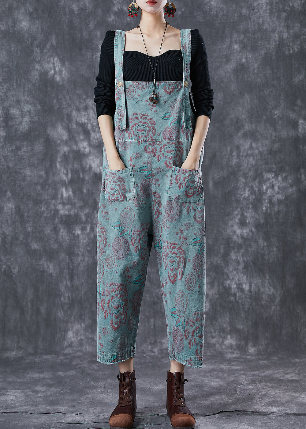 Blue Oversized Print Denim Jumpsuits Summer