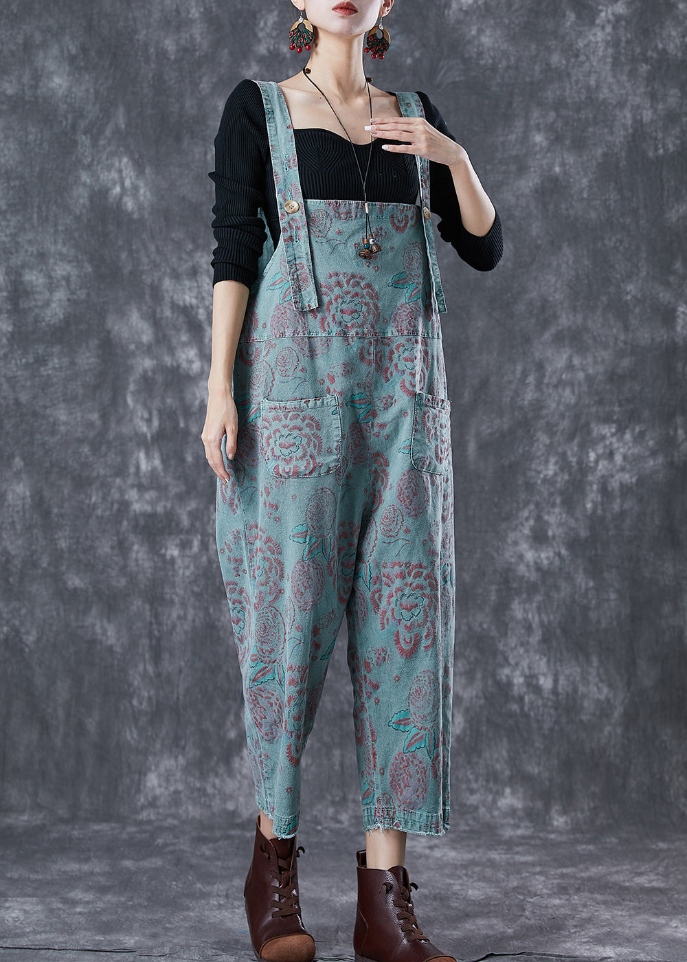 Blue Oversized Print Denim Jumpsuits Summer
