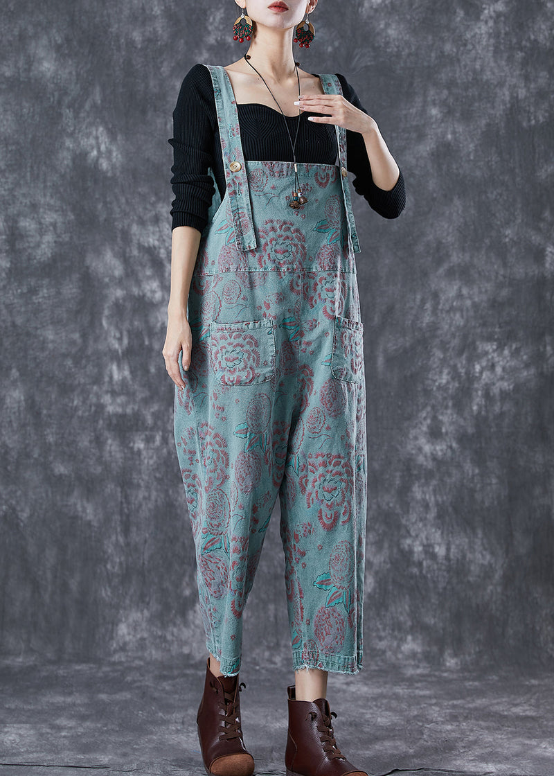 Blue Oversized Print Denim Jumpsuits Summer