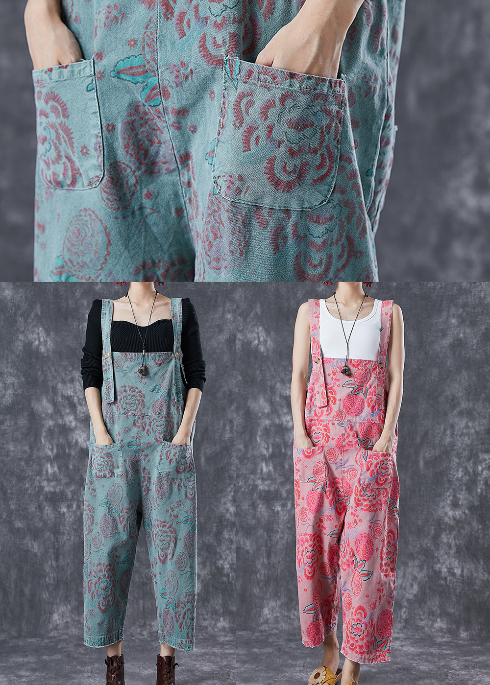 Blue Oversized Print Denim Jumpsuits Summer