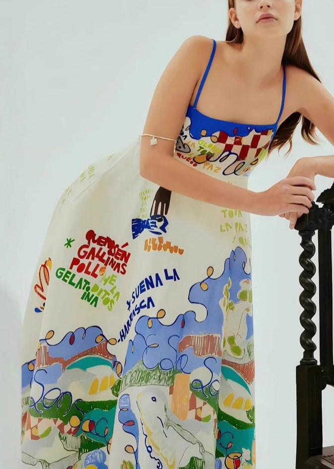 Blue Patchwork Maxi Spaghetti Strap Dresses Sleeveless