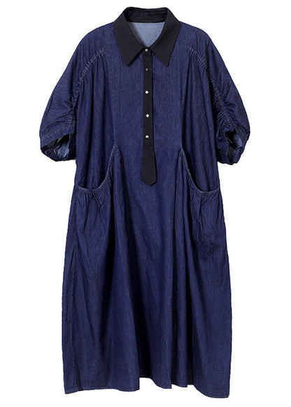 Blue Peter Pan Collar Patchwork Wrinkled Cotton Vacation Denim Dresses Short Sleeve