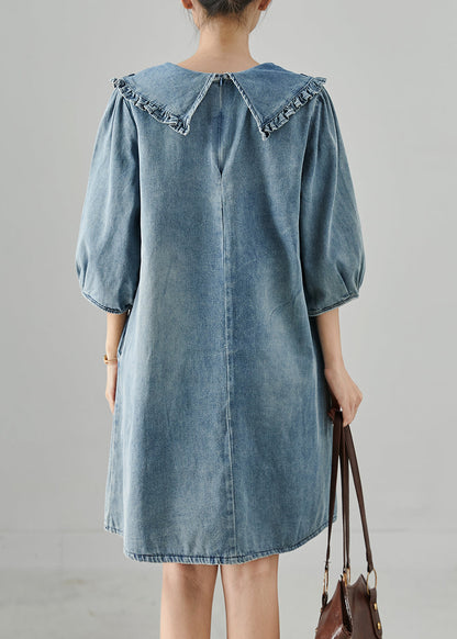 Blue Peter Pan Collar Rivet Denim Day Dress Bracelet Sleeve