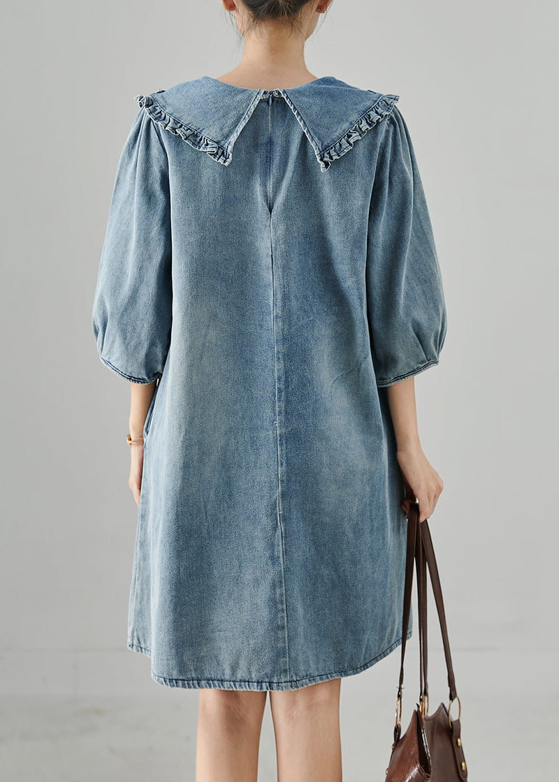 Blue Peter Pan Collar Rivet Denim Day Dress Bracelet Sleeve