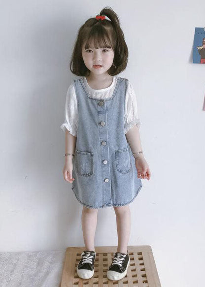 Blue Pockets Button Patchwork Denim Kids Dress Two Piece Set Summer