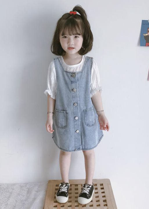 Blue Pockets Button Patchwork Denim Kids Dress Two Piece Set Summer