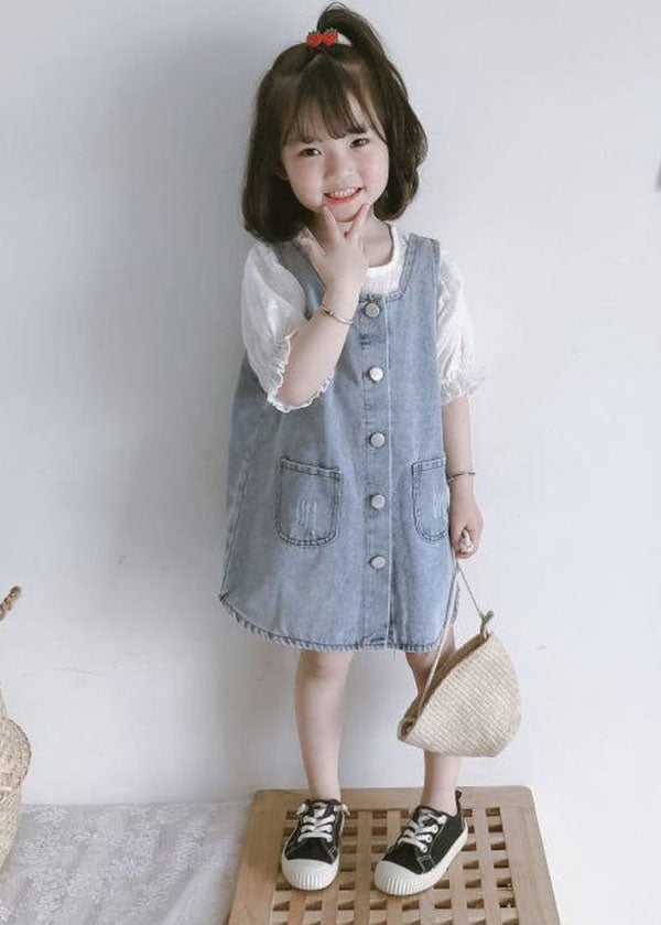 Blue Pockets Button Patchwork Denim Kids Dress Two Piece Set Summer