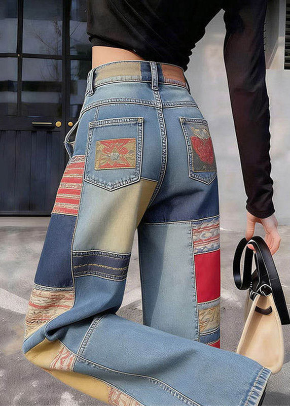 Blue Pockets Patchwork High Waist Wide Leg Jeans