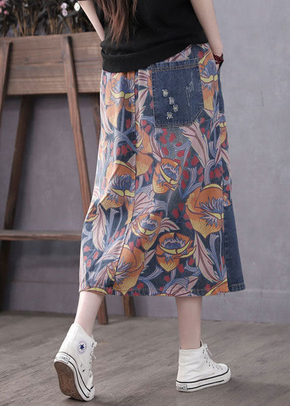 Blue Pockets Patchwork Print a Line Fall Denim Skirts