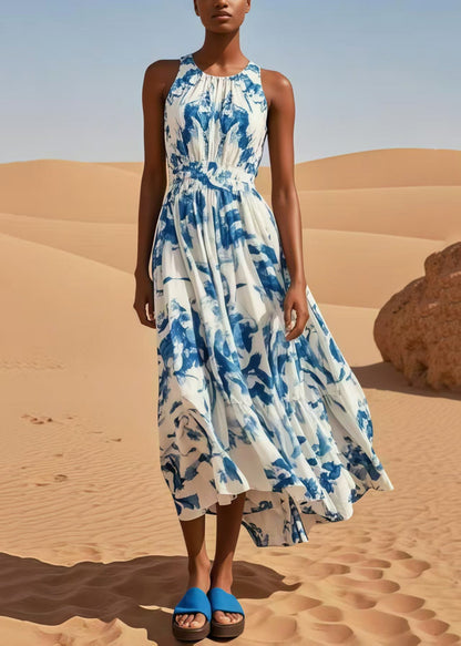 Blue Print Exra Large Hem Cotton Beach Dress Sleeveless