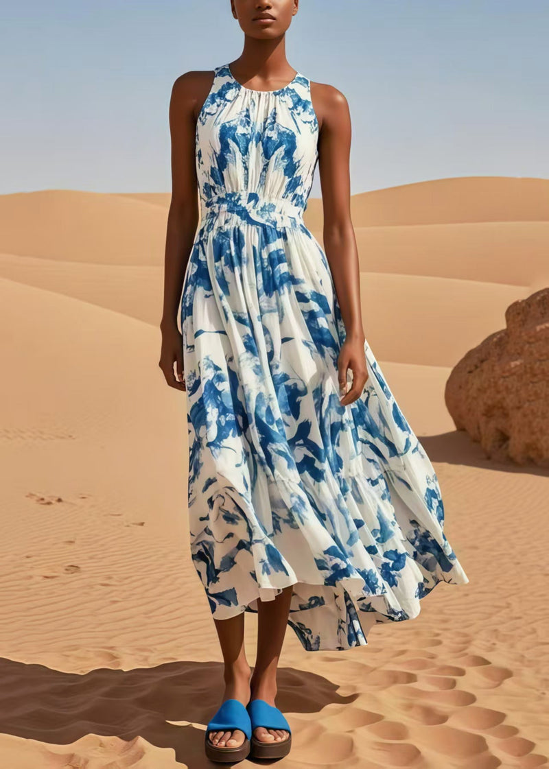 Blue Print Exra Large Hem Cotton Beach Dress Sleeveless