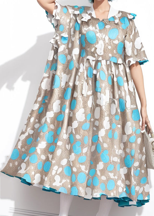 Blue Print Wrinkled Cotton Dresses Summer
