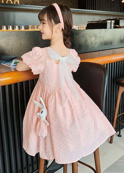 Blue Puff Sleeve Bow Rabbit Cotton Kids Long Dress Summer