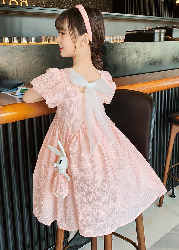 Blue Puff Sleeve Bow Rabbit Cotton Kids Long Dress Summer
