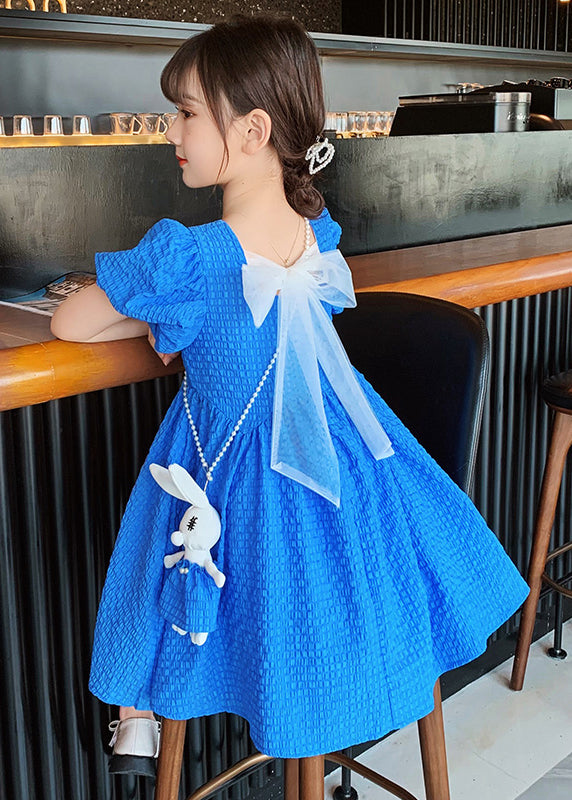 Blue Puff Sleeve Bow Rabbit Cotton Kids Long Dress Summer