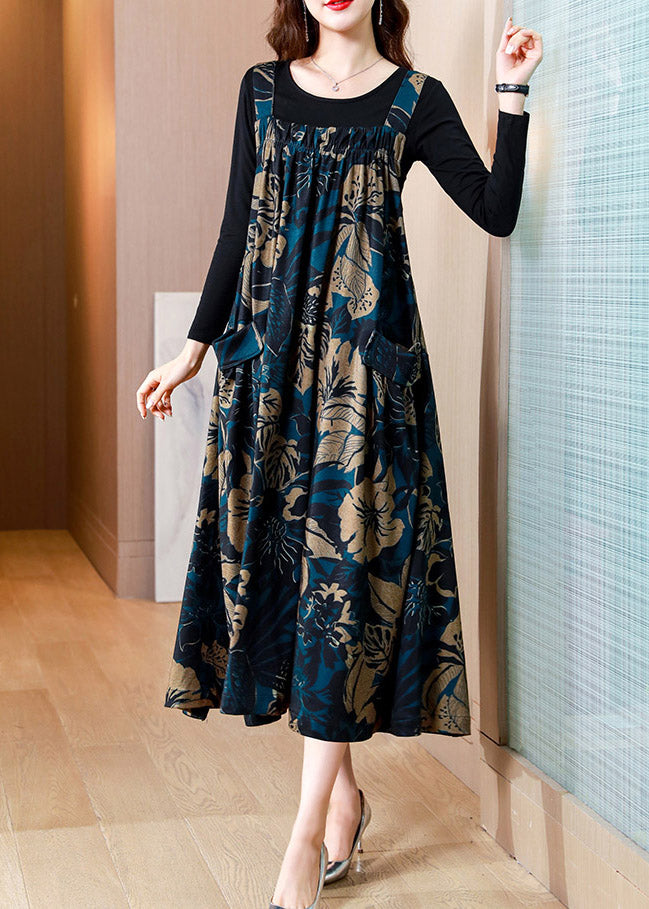 Blue Slash Veck Print Top and Slip Dress Two Piece Set Summer