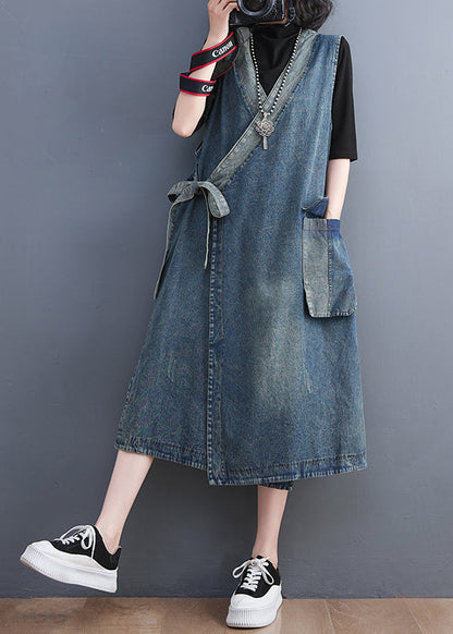 Blue V Neck Asymmetrical Patchwork Tie Waist Denim Long Dresses Sleeveless