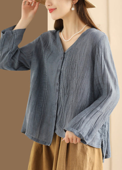 Blue V Neck Button Wrinkled Linen Top Long Sleeve