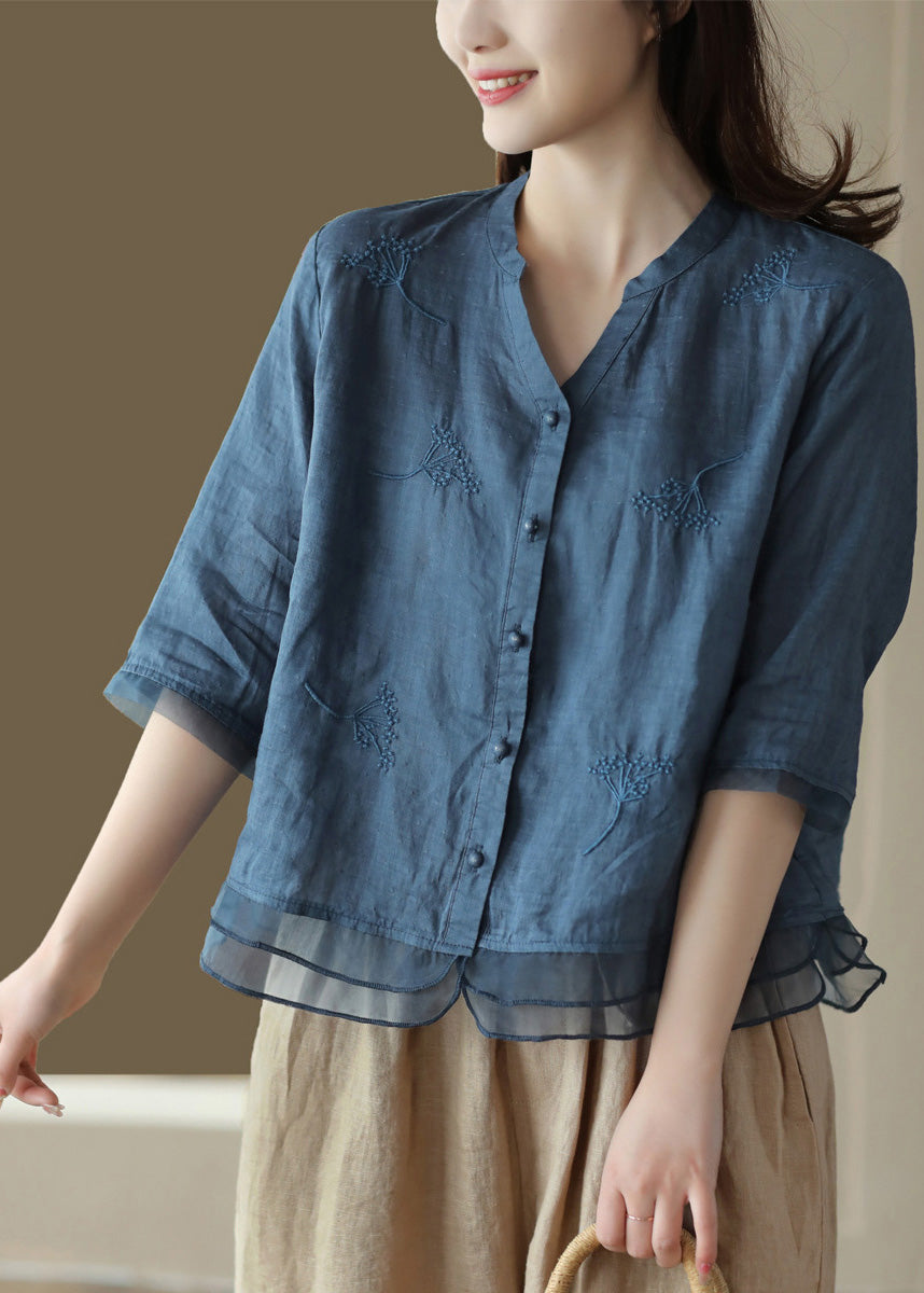 Blue V Neck Embroideried Ramie Shirt Half Sleeve
