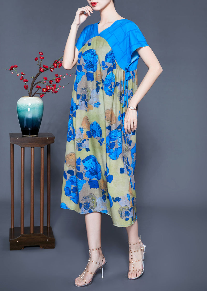 Blue V Neck Patchwork Print Silk Holiday Dress Summer