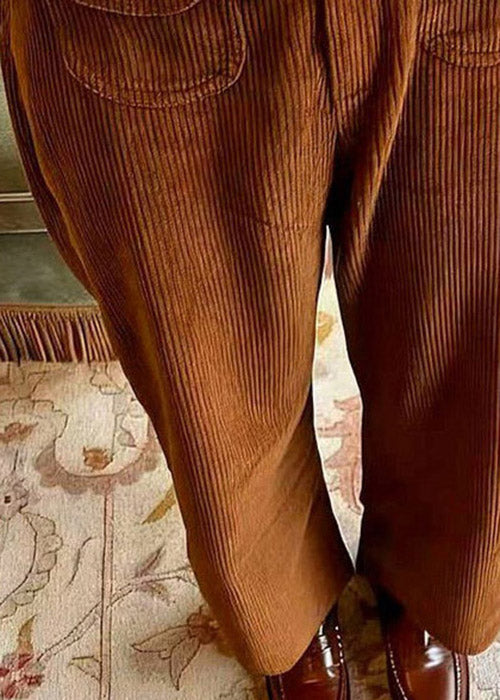Brown Pockets High Waist Corduroy Pants Spring