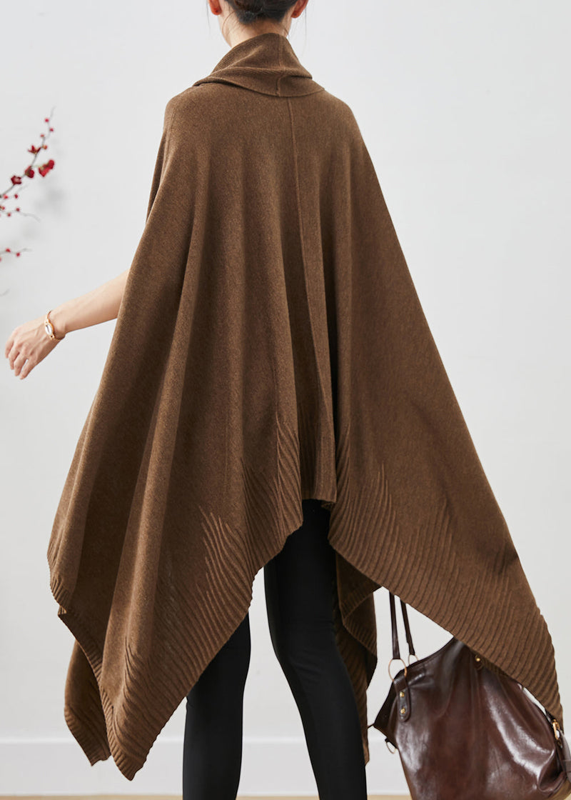 Brown Turtle Neck Asymmetrical Exra Large Hem Knit Sweater Dress Cloak Sleeves