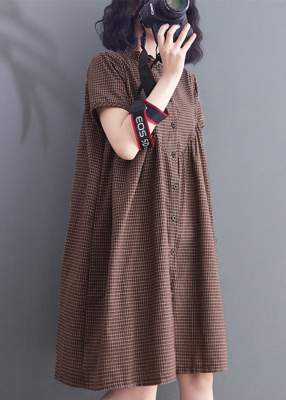 Brown Wrinkled Ruffled Plaid Cotton Dress Short Sleeve
