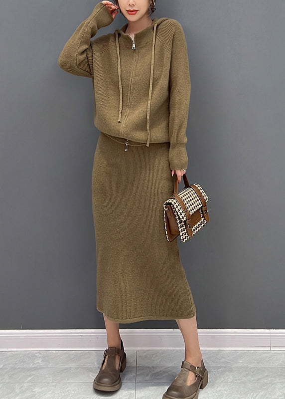 Brown Zippered Hooded Knit Sweaters and Maxi Skirts Two Piece Set Winter
