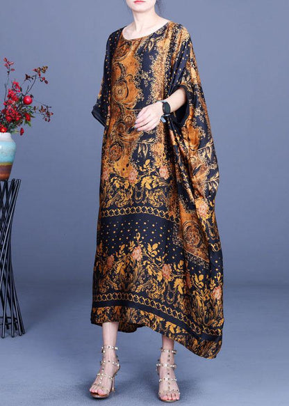 Chocolate Print O-neck Silk Summer Party Dress