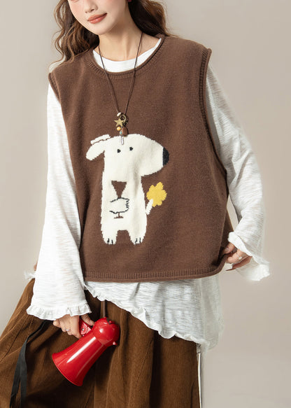 Coffee Dogs Knit Vest and White Ruffled T Shirt Knit Two Pieces Set Spring