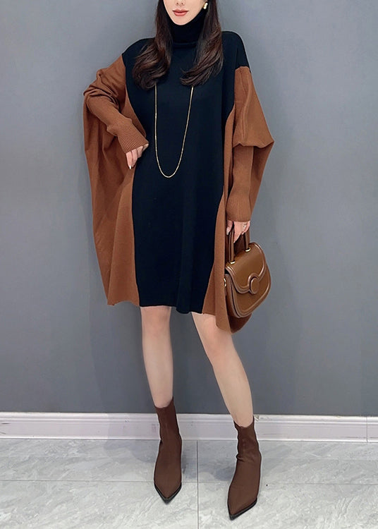 Coffee Hign Neck Patchwork Cotton Mid Dress Batwing Sleeve