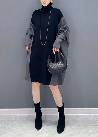 Coffee Hign Neck Patchwork Cotton Mid Dress Batwing Sleeve