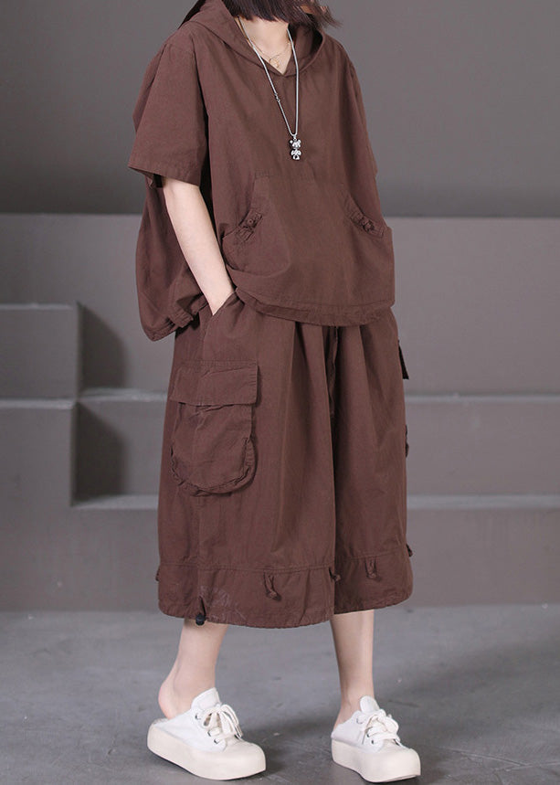 Coffee Hooded Pockets Patchwork Cotton Two Pieces Set Summer