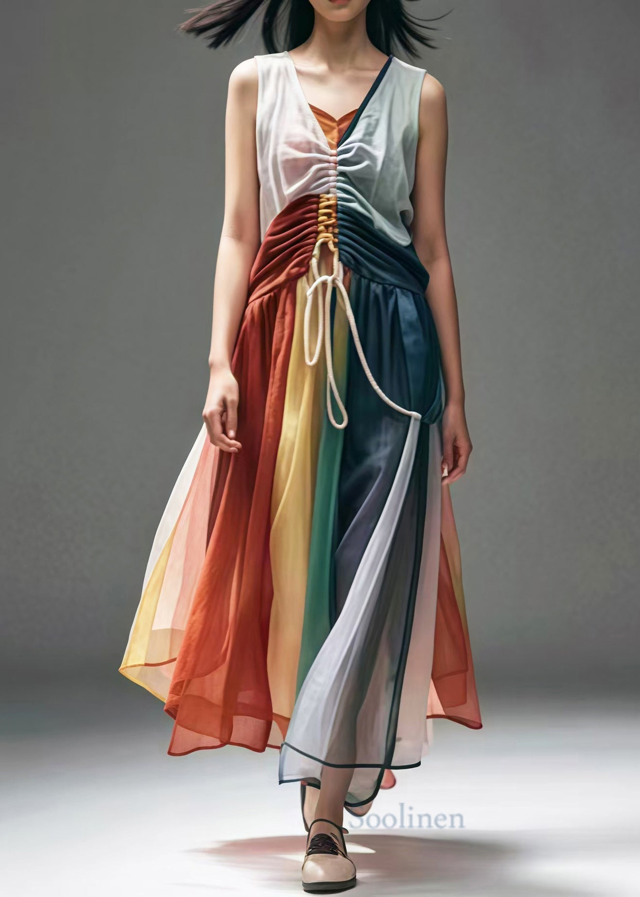 Colorblock Cinched Patchwork Cotton Dresses Sleeveless