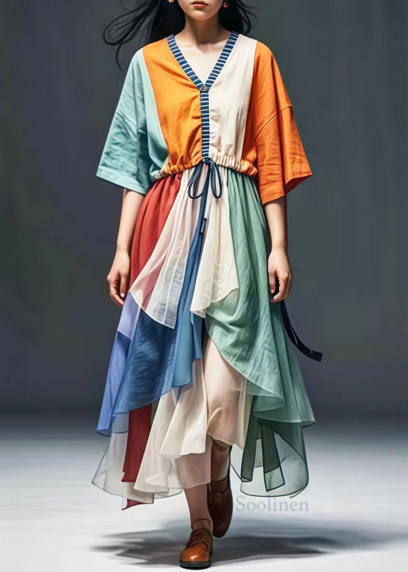 Colorblock Cinched Patchwork Cotton Vacation Dresses Summer