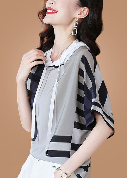 Coloblock Hooded Oversize Print Silk Shirt Summer