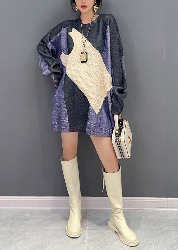 Colorblock O Neck Asymmetrical Patchwork Knit Top Winter