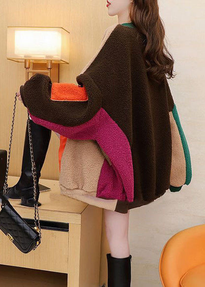 Colorblock O-neck Oversized Patchwork Thick Teddy Faux Fur Coats Winter