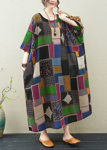 Colorblock O-neck Print Maxi Dress Summer