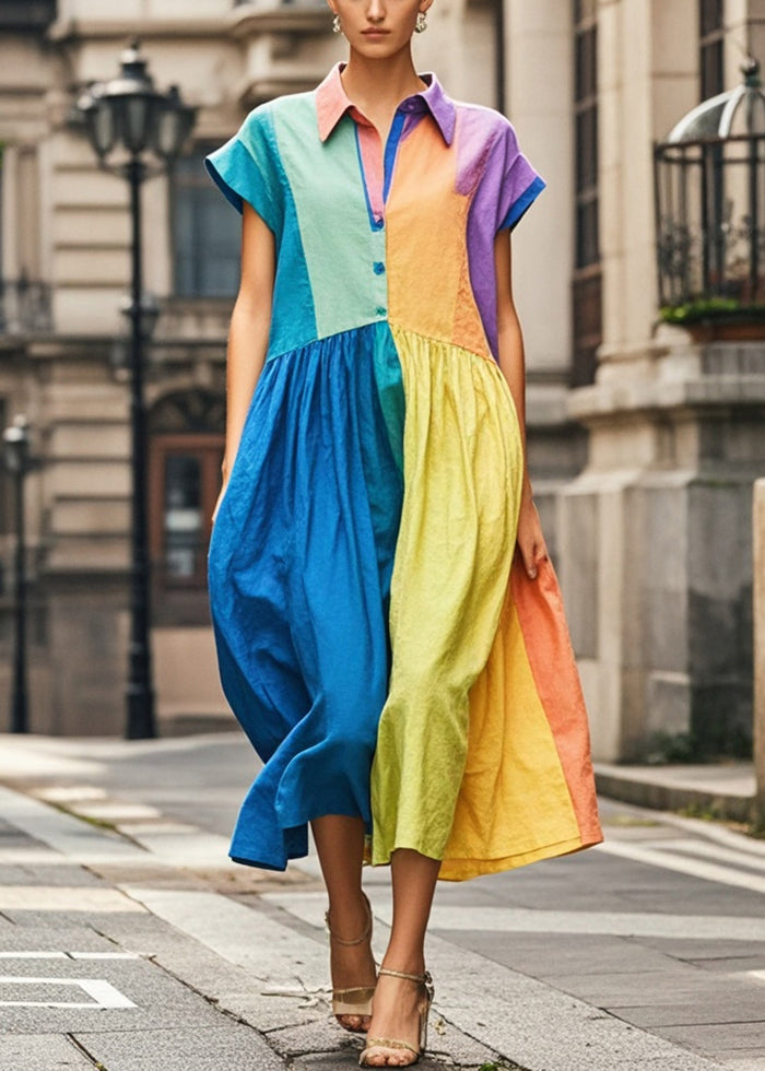 Colorblock Peter Pan Collar Patchwork Cotton Long Dress Sleeveless