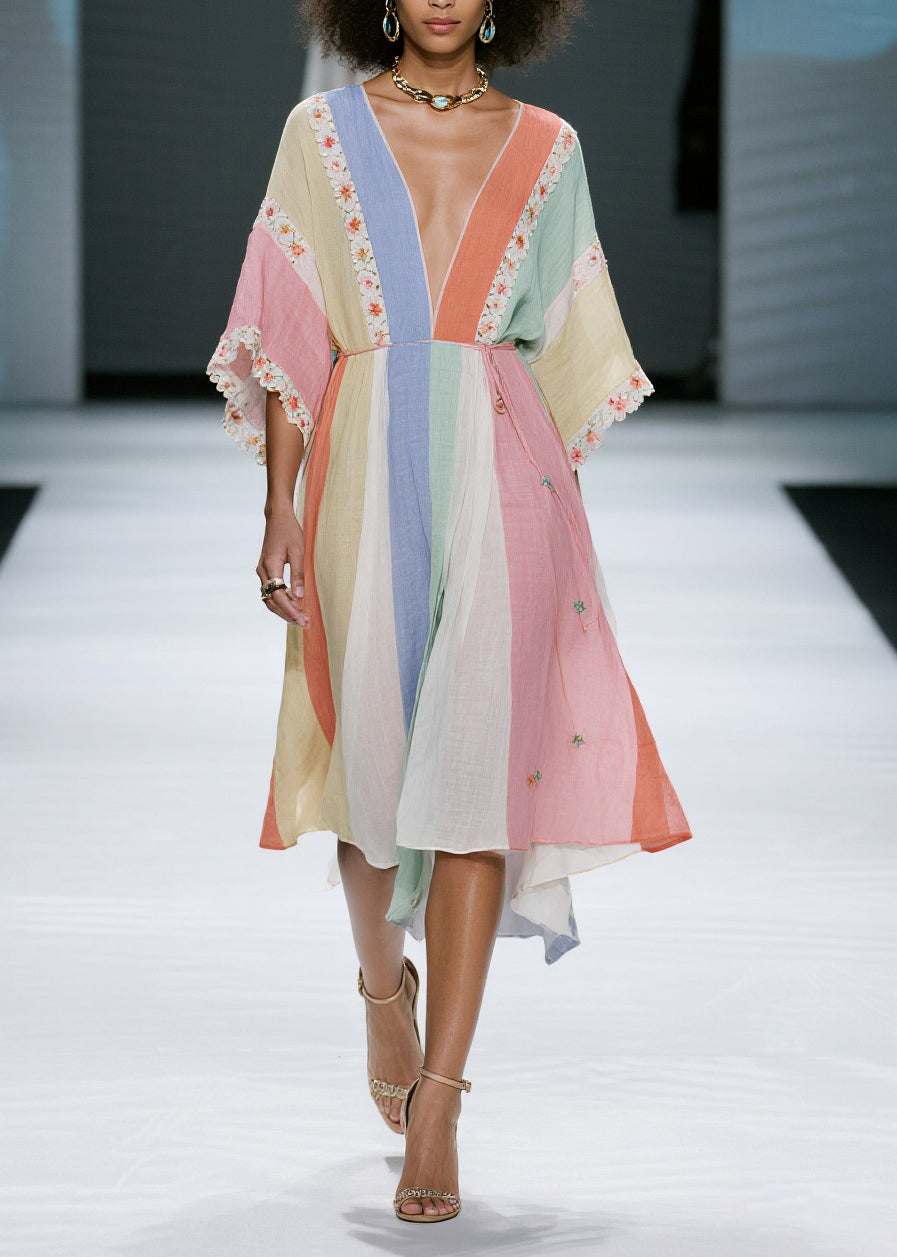 Colorblock V Neck Cotton Dress Summer