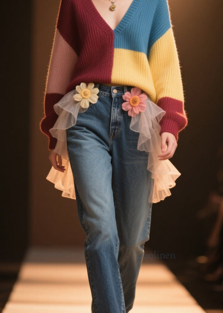 Colorblock V Neck Loose Knit Sweater Fall