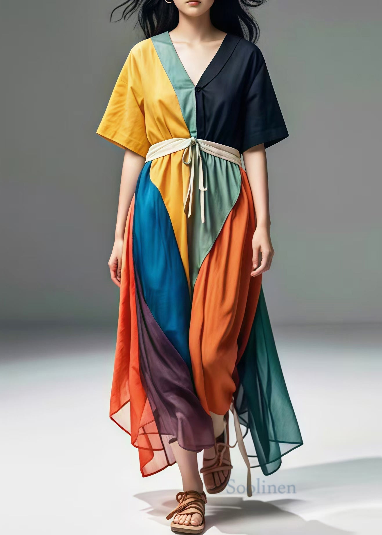 Colorblock V Neck Patchwork Cotton Maxi Dresses Summer
